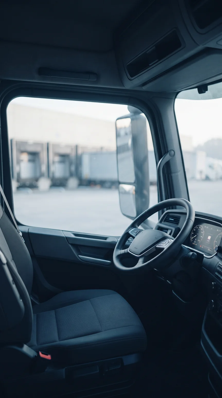 Truck driver at the wheel in the cab