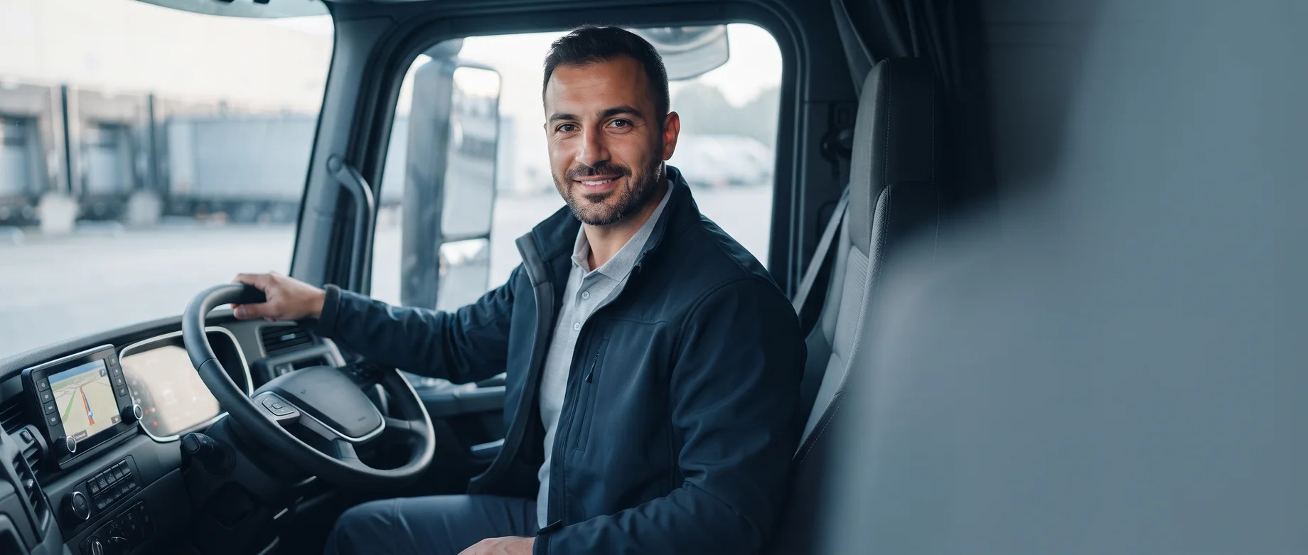 Truck driver at the wheel in the cab
